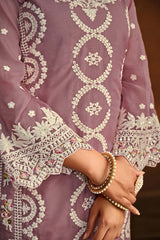 Mauve Organza Resham Embroidery Round Neck Salwar Kameez