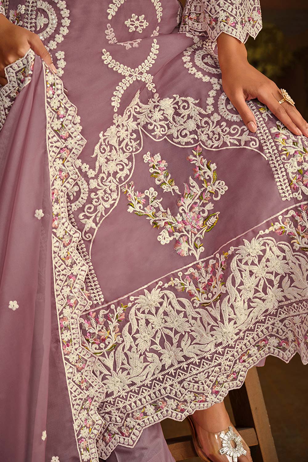 Mauve Organza Resham Embroidery Round Neck Salwar Kameez