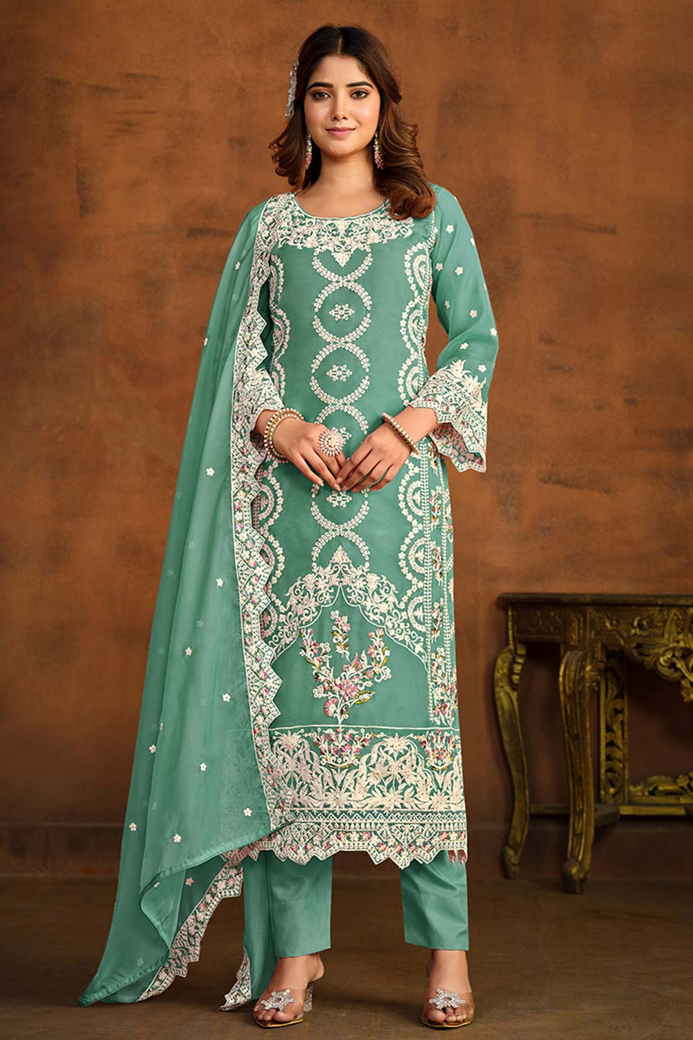 Sea-Green Organza Resham Embroidery Round Neck Salwar Kameez