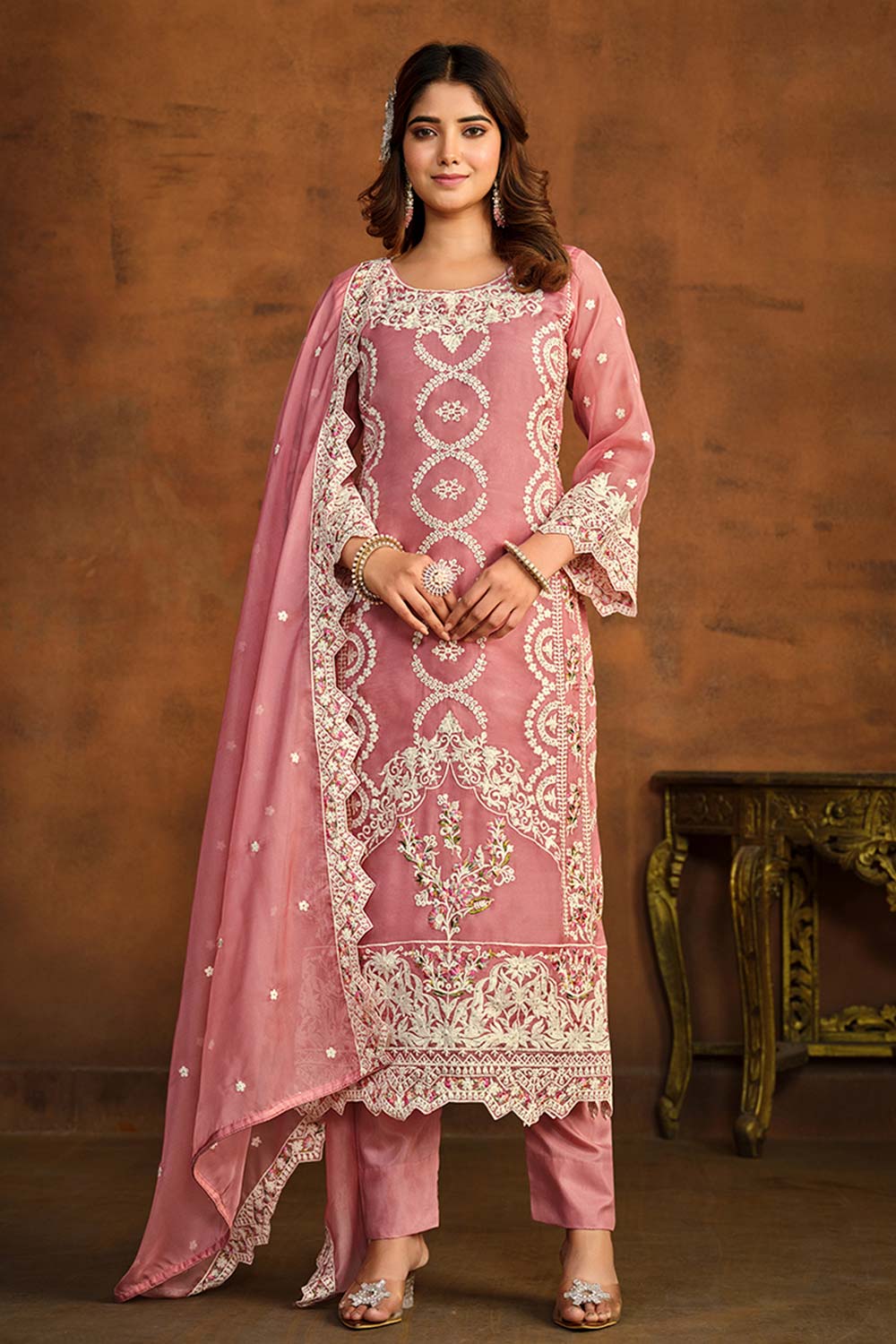 Peach Organza Resham Embroidery Round Neck Salwar Kameez