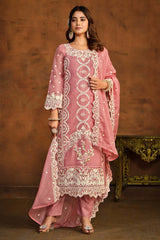 Peach Organza Resham Embroidery Round Neck Salwar Kameez