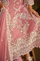 Peach Organza Resham Embroidery Round Neck Salwar Kameez