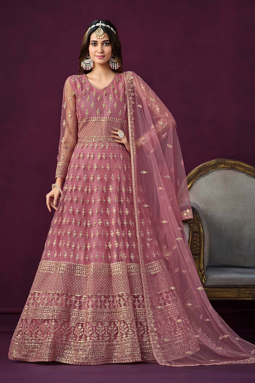 Light-Pink Net Embroidered U Neck Anarkali Salwar Kameez