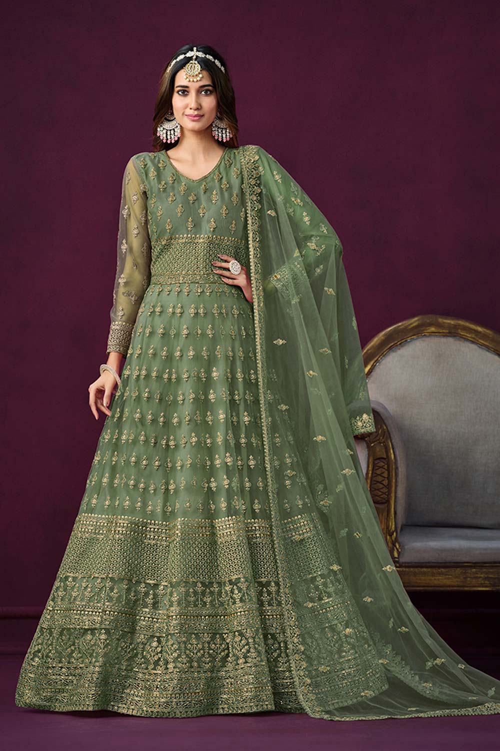 Light-Green Net Embroidered U Neck Anarkali Salwar Kameez