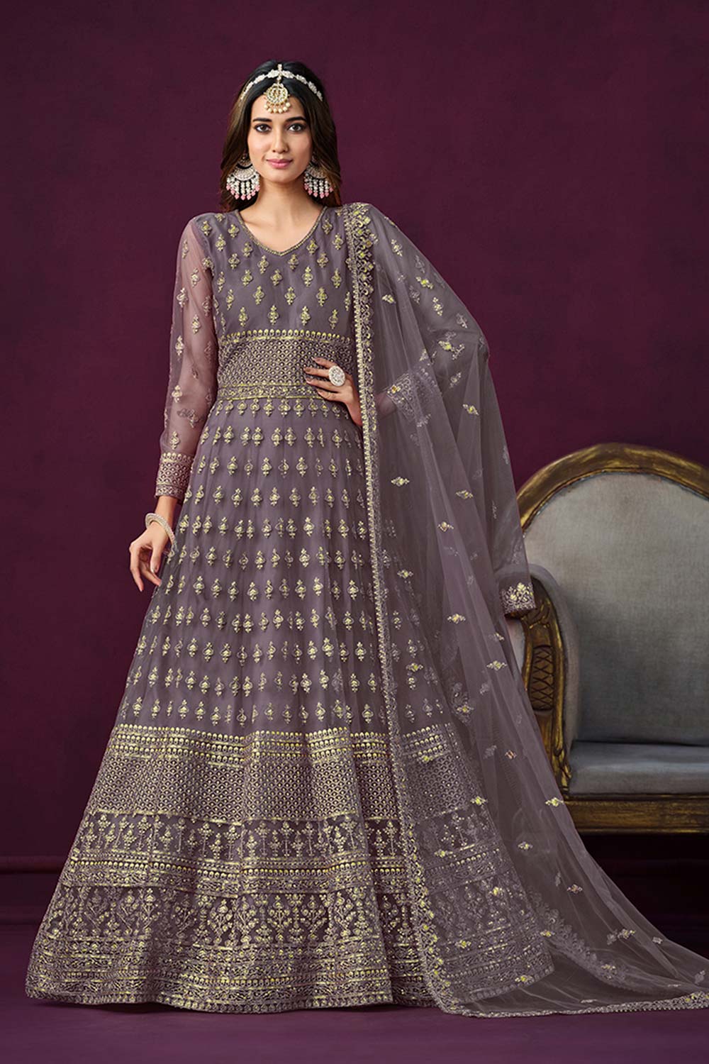 Light-Purple Net Embroidered U Neck Anarkali Salwar Kameez