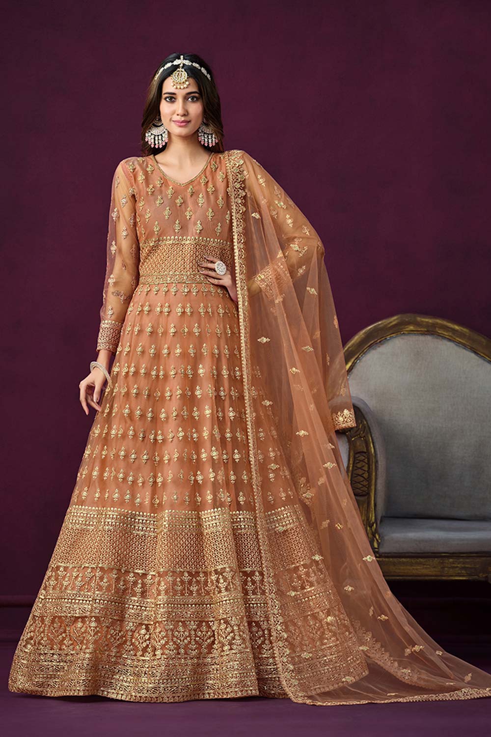 Light-Orange Net Embroidered U Neck Anarkali Salwar Kameez