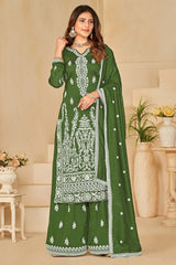 Green Art Silk Embroidered V Neck Salwar Kameez