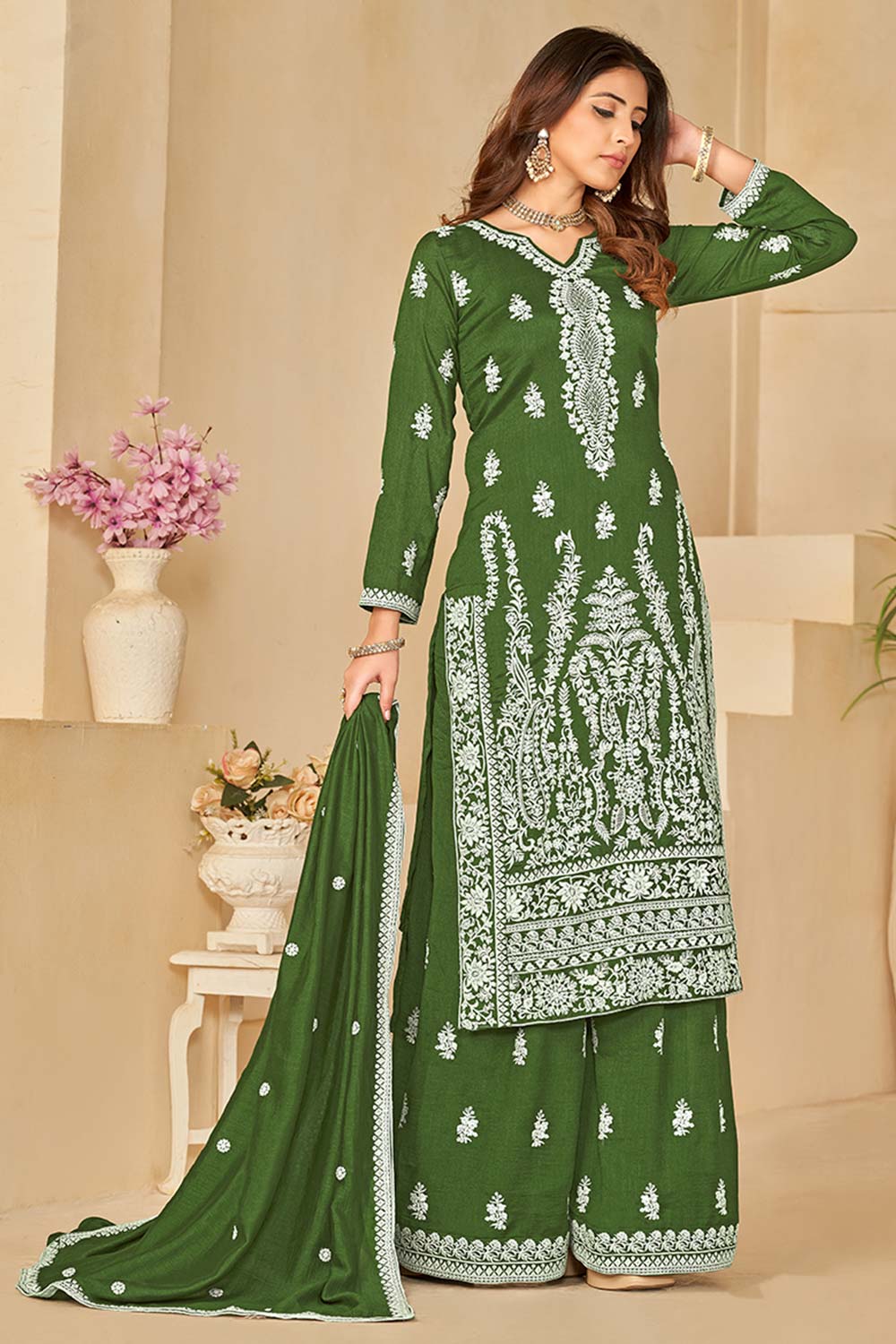 Green Art Silk Embroidered V Neck Salwar Kameez