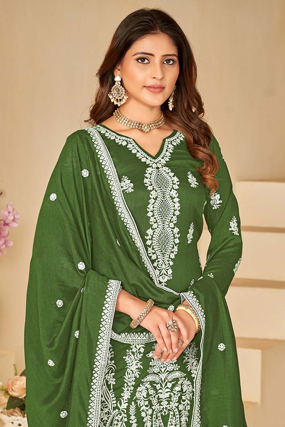 Green Art Silk Embroidered V Neck Salwar Kameez