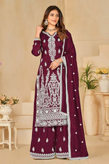 Magenta Art Silk Embroidered V Neck Salwar Kameez