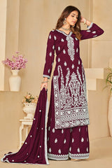 Magenta Art Silk Embroidered V Neck Salwar Kameez