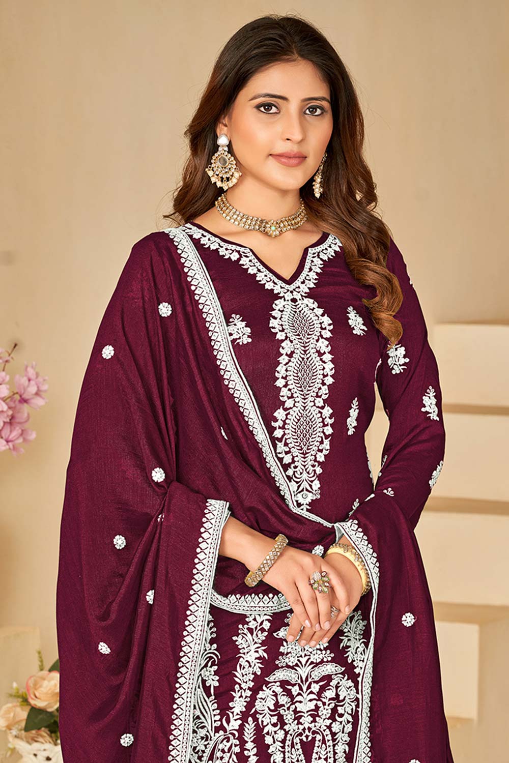 Magenta Art Silk Embroidered V Neck Salwar Kameez