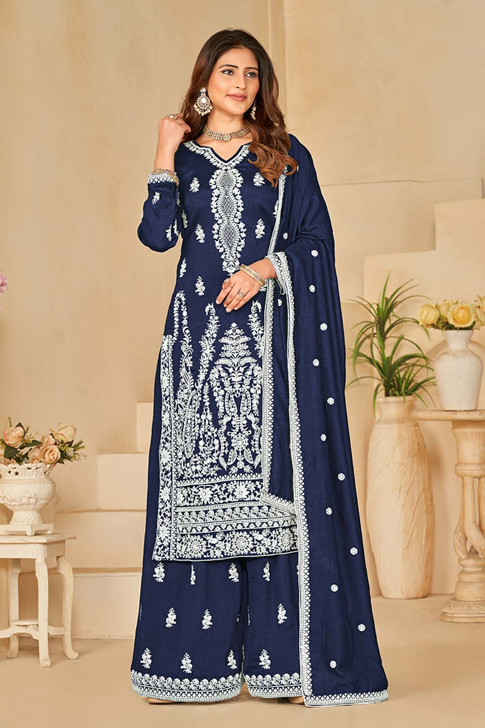 Navy-Blue Art Silk Embroidered V Neck Salwar Kameez