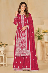 Red Art Silk Embroidered V Neck Salwar Kameez