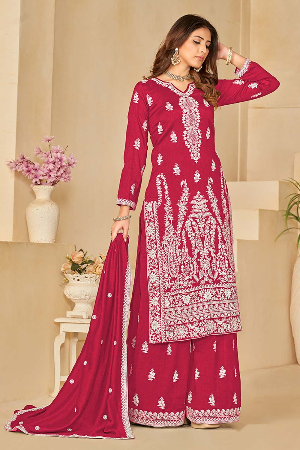 Red Art Silk Embroidered V Neck Salwar Kameez