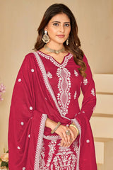 Red Art Silk Embroidered V Neck Salwar Kameez