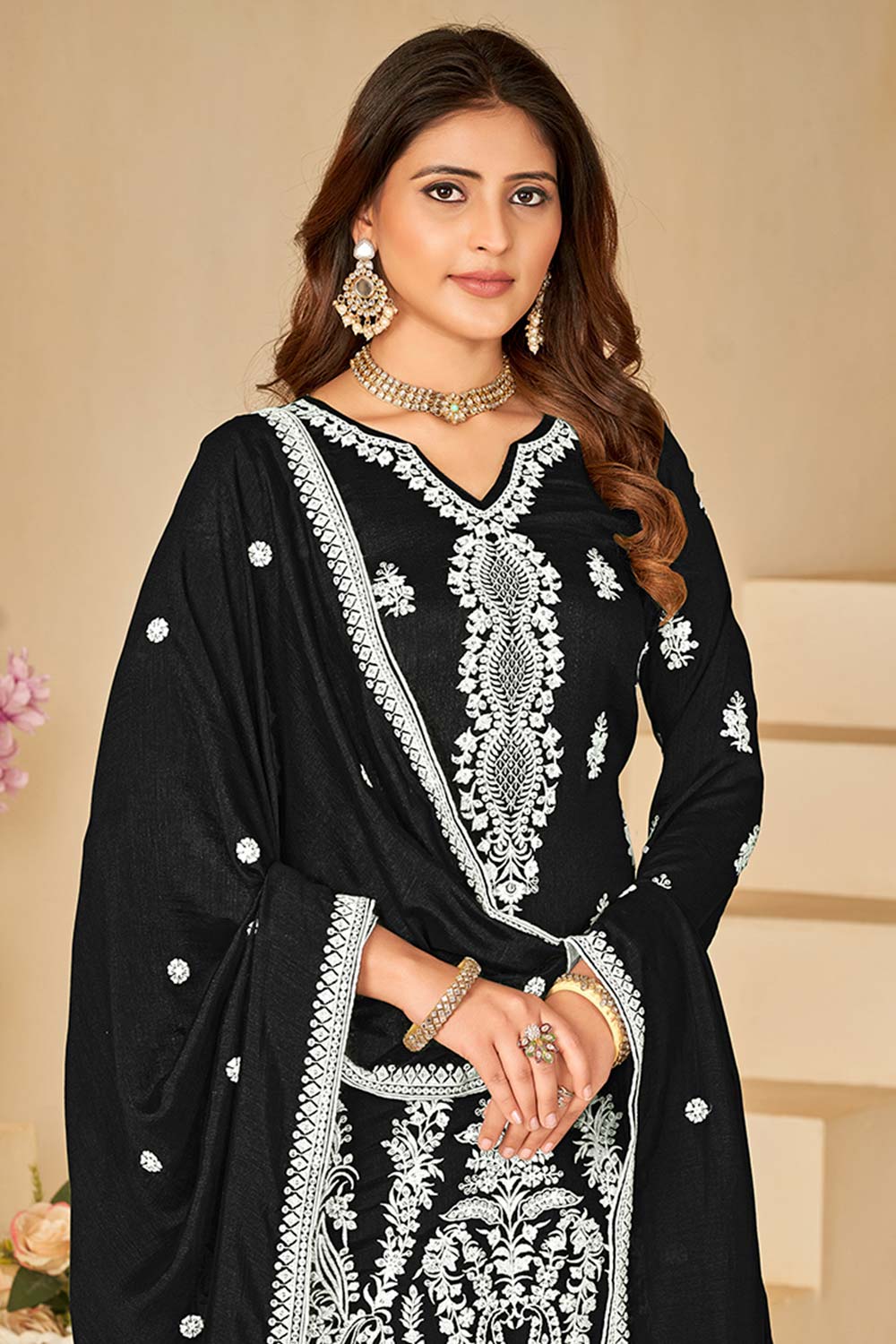 Black Art Silk Embroidered V Neck Salwar Kameez