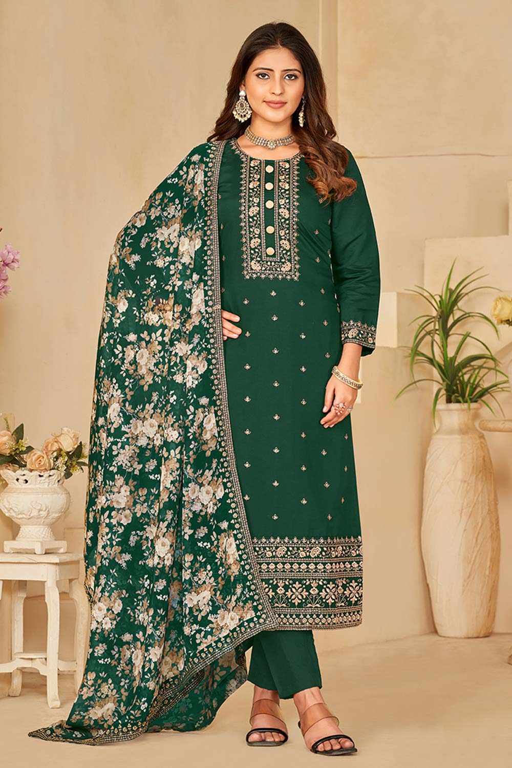 Dark-Green Art Silk Embroidered Round Neck Salwar Kameez