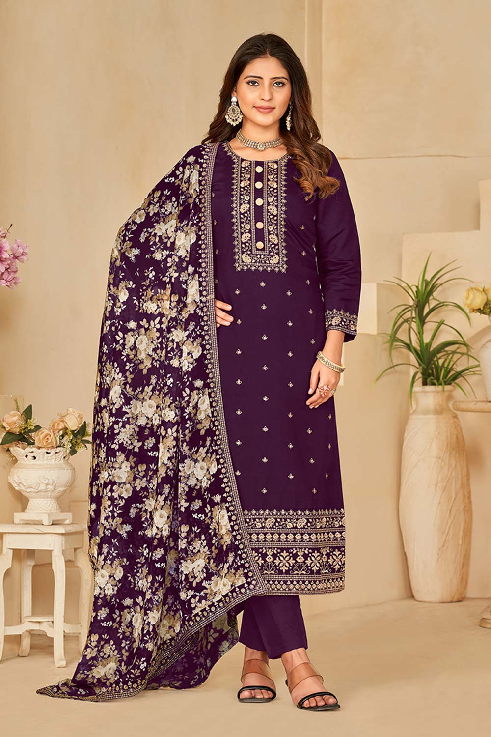 Dark-Purple Art Silk Embroidered Round Neck Salwar Kameez