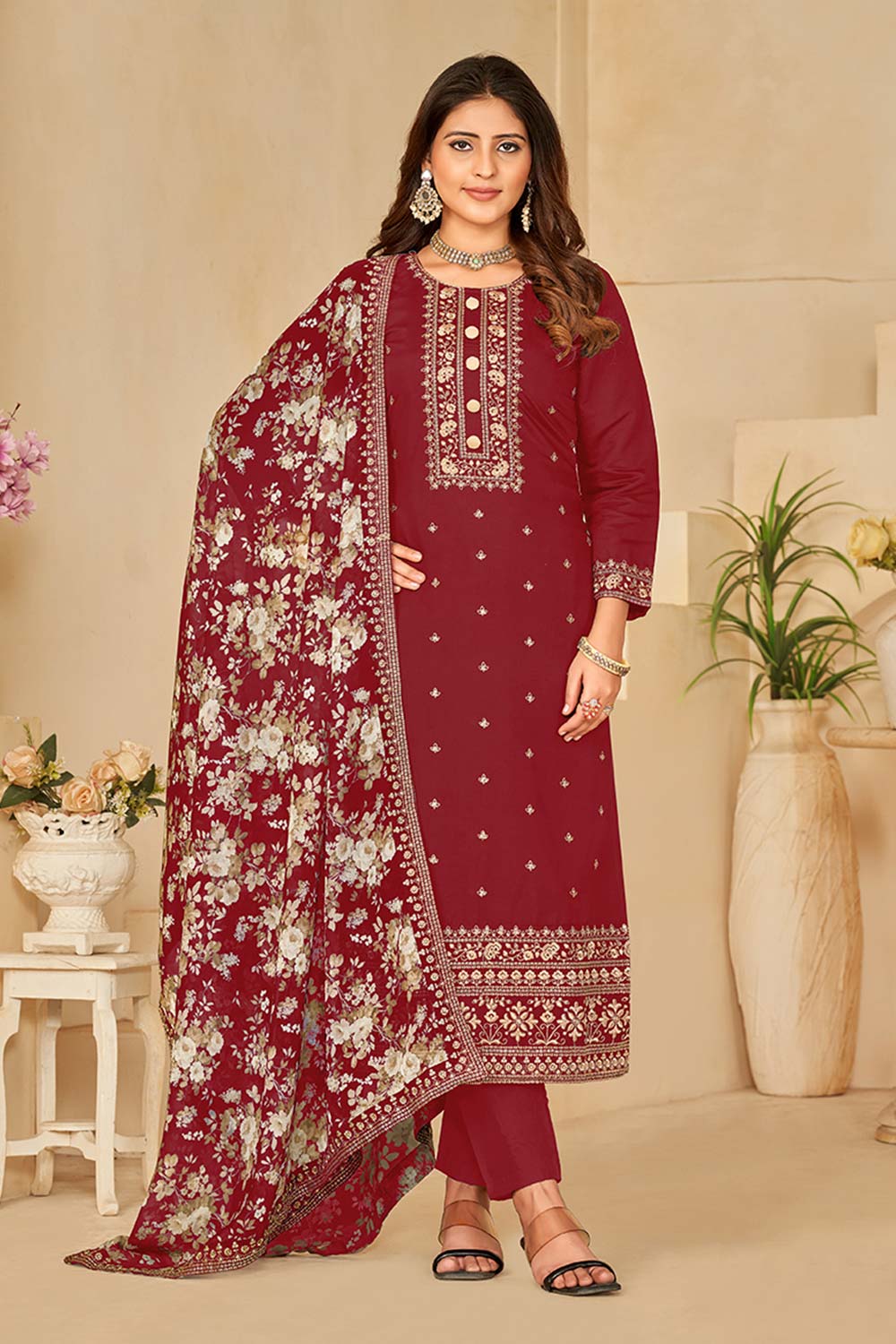 Maroon Art Silk Embroidered Round Neck Salwar Kameez