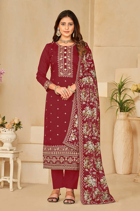 Maroon Art Silk Embroidered Round Neck Salwar Kameez