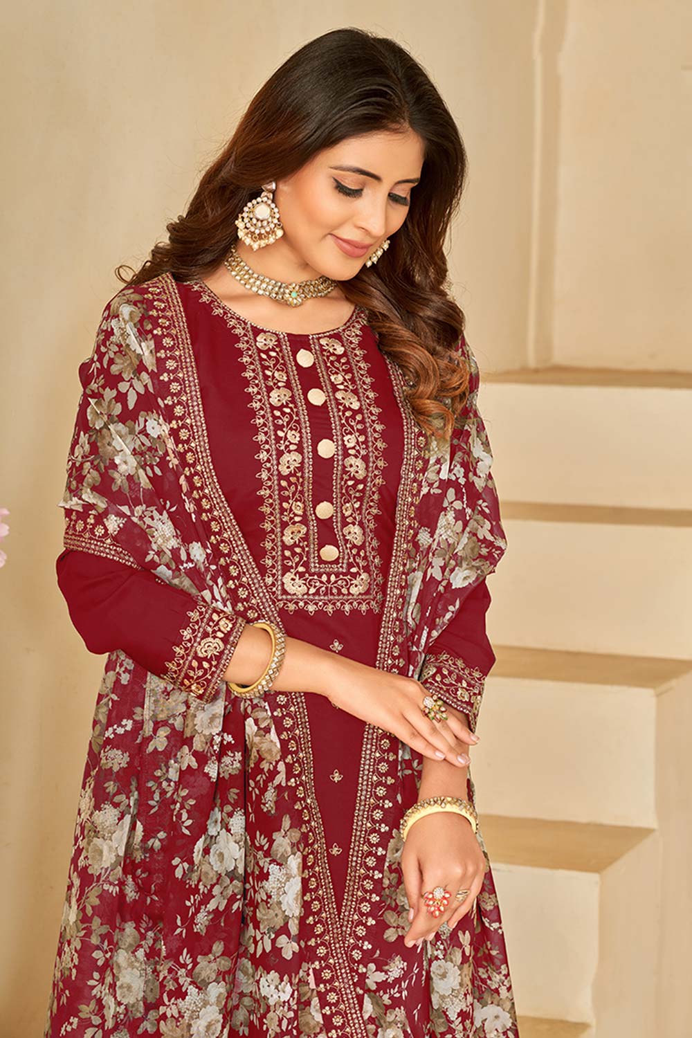 Maroon Art Silk Embroidered Round Neck Salwar Kameez