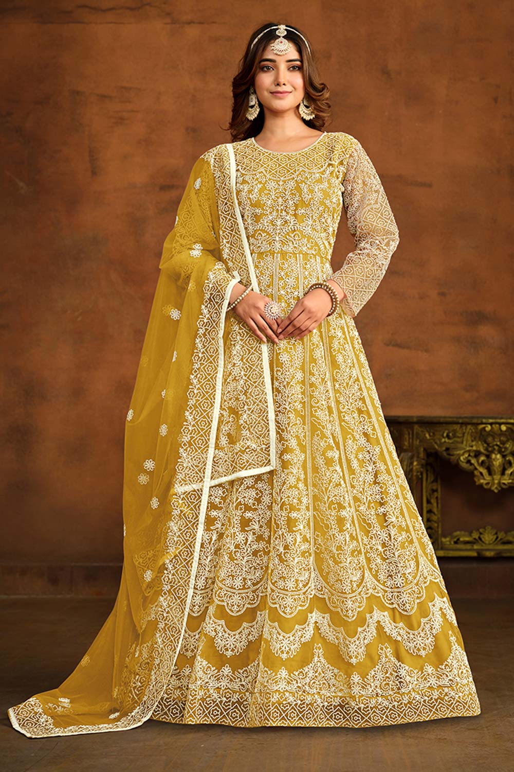 Yellow Net Embroidered Round Neck Anarkali Salwar Kameez