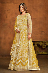 Yellow Net Embroidered Round Neck Anarkali Salwar Kameez