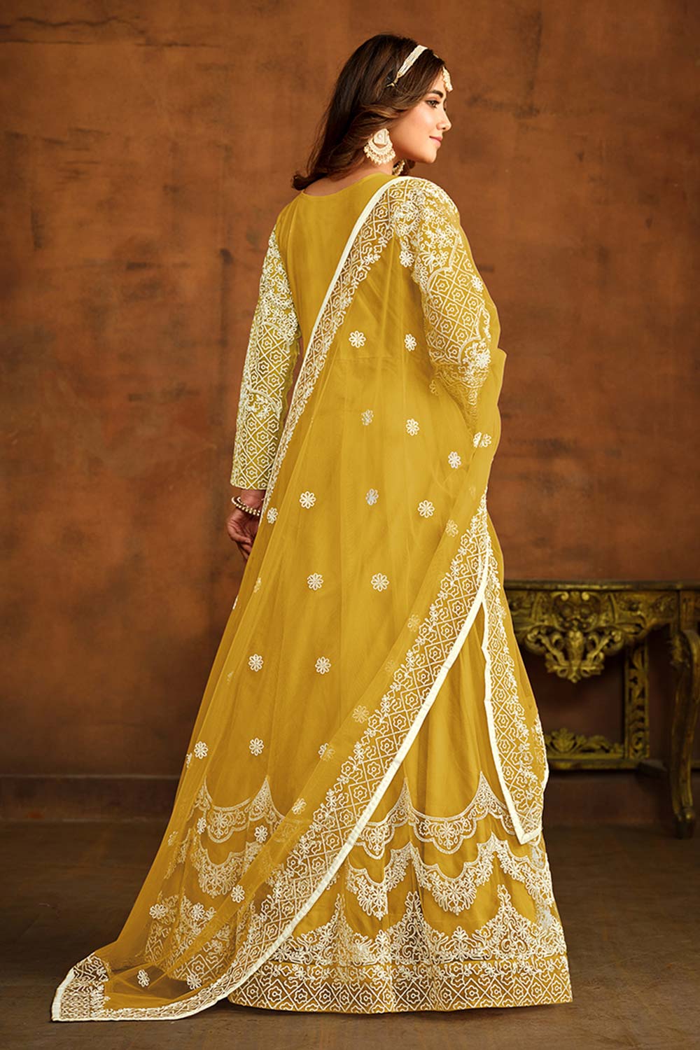 Yellow Net Embroidered Round Neck Anarkali Salwar Kameez