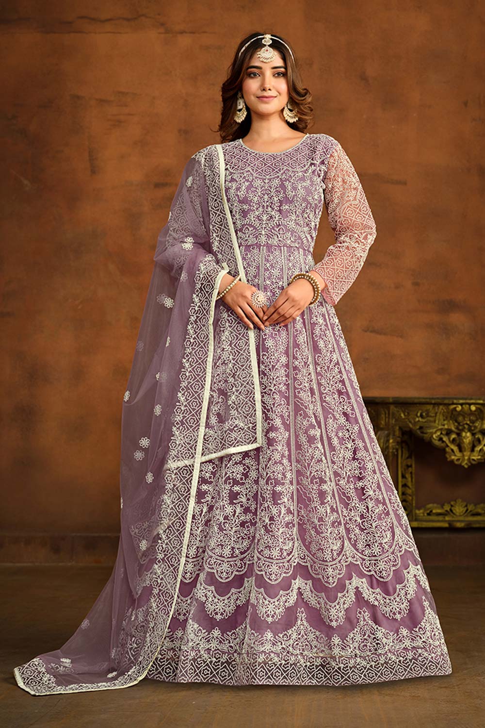 Purple Net Embroidered Round Neck Anarkali Salwar Kameez