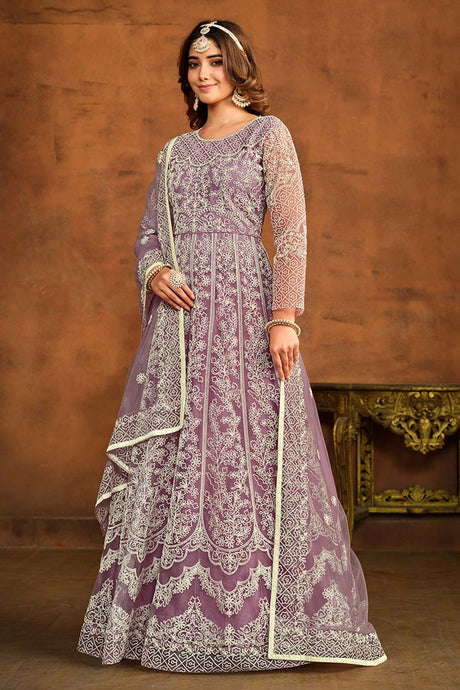 Purple Net Embroidered Round Neck Anarkali Salwar Kameez