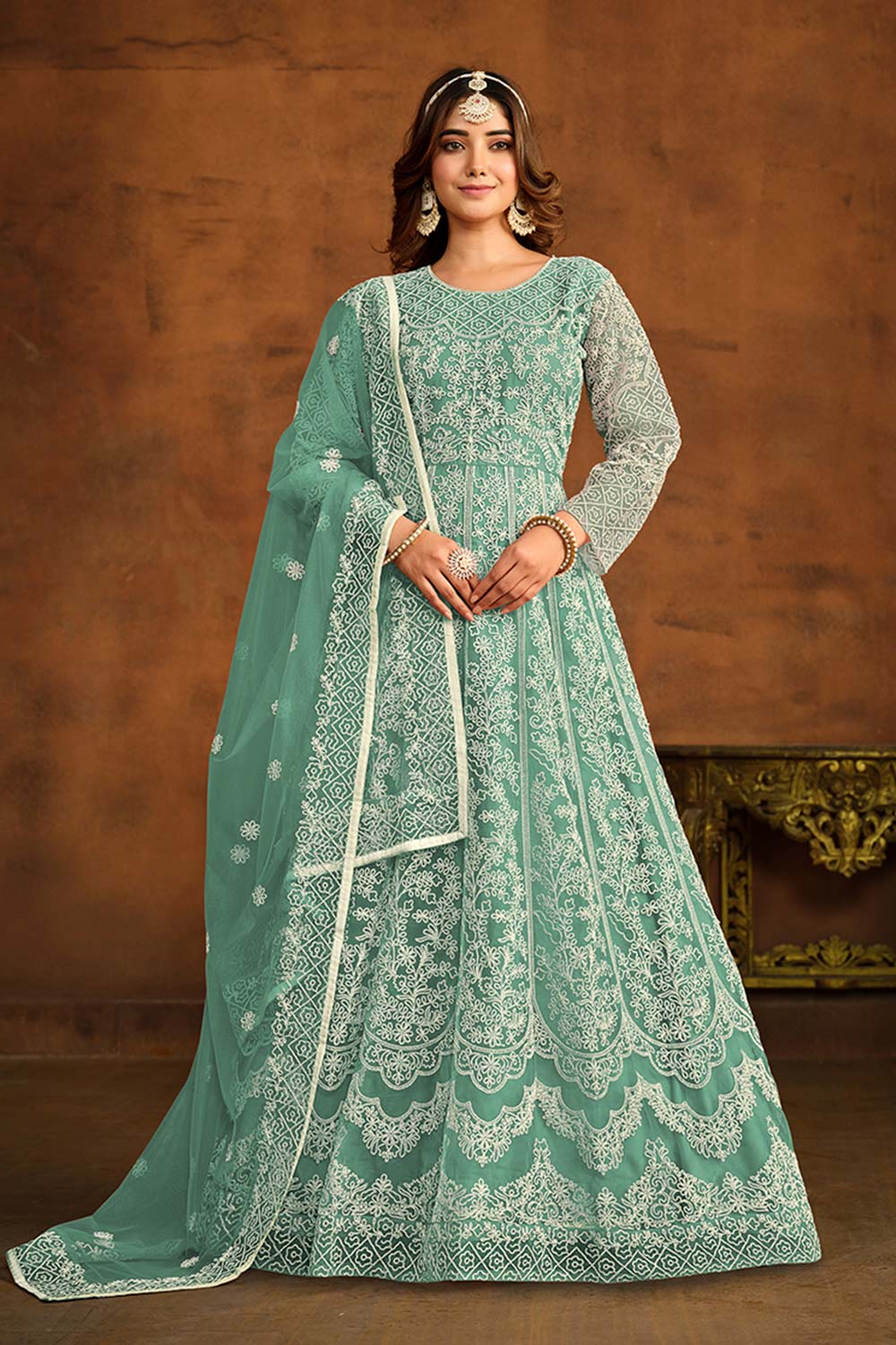 Sky-Blue Net Embroidered Round Neck Anarkali Salwar Kameez