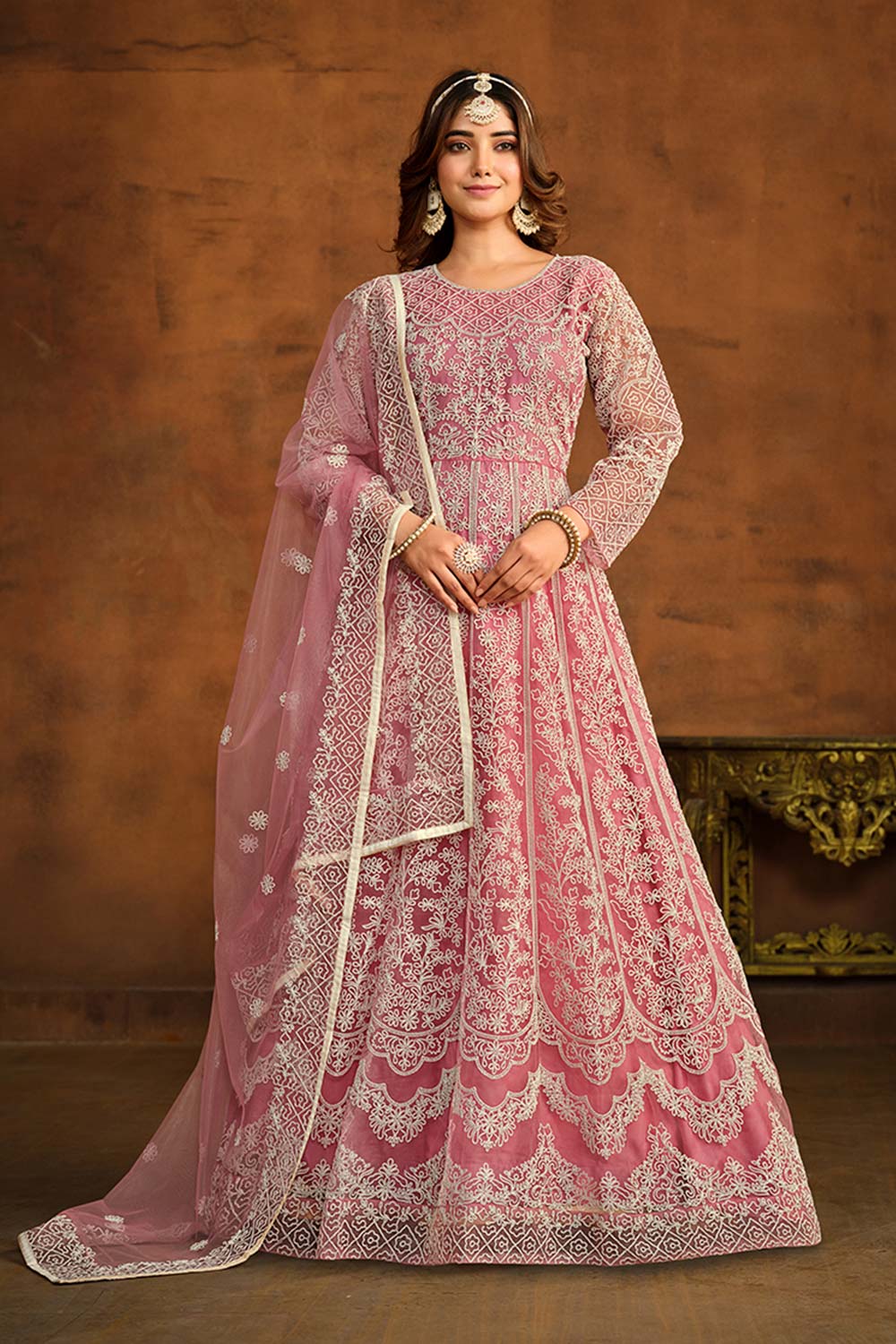 Light-Pink Net Embroidered Round Neck Anarkali Salwar Kameez