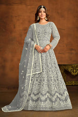 Grey Net Embroidered Round Neck Anarkali Salwar Kameez