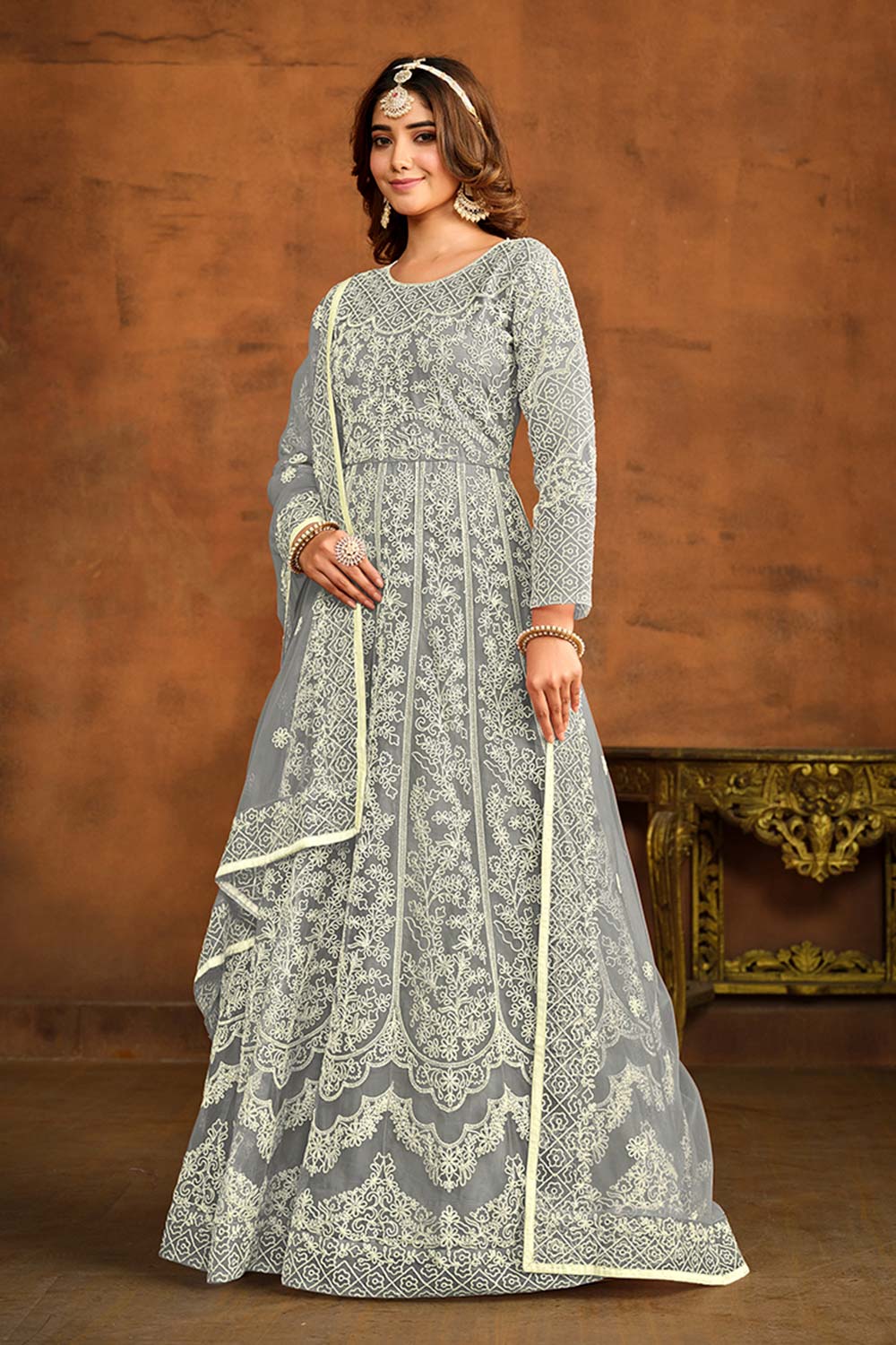 Grey Net Embroidered Round Neck Anarkali Salwar Kameez