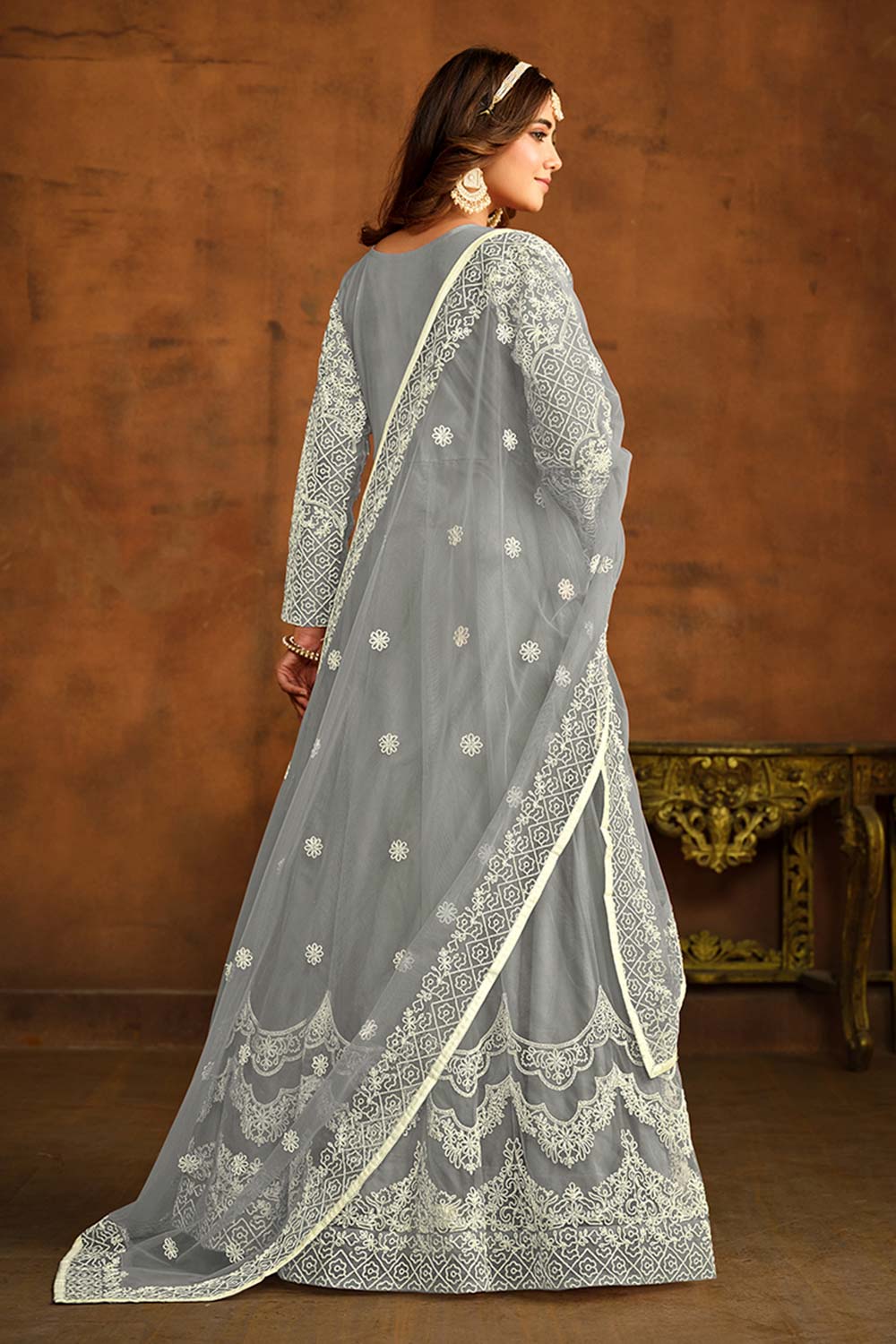 Grey Net Embroidered Round Neck Anarkali Salwar Kameez