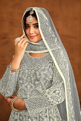 Grey Net Embroidered Round Neck Anarkali Salwar Kameez