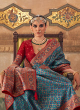 Blue colour banarasi silk printed woven saree with blouse