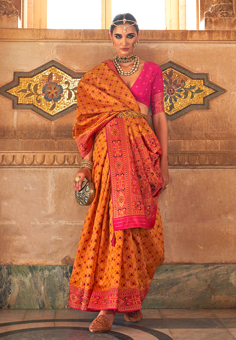 Amber Color Banarasi Silk Printed Woven Saree With Blouse