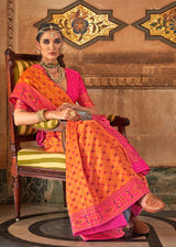 Amber Color Banarasi Silk Printed Woven Saree With Blouse