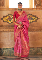 Pink Color Banarasi Silk Printed Woven Saree With Blouse