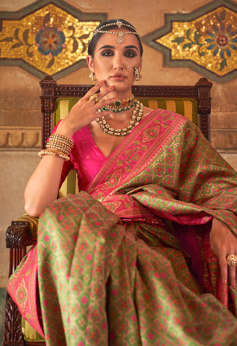 Olive colour banarasi silk printed woven saree with blouse