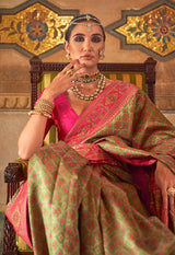 Olive colour banarasi silk printed woven saree with blouse
