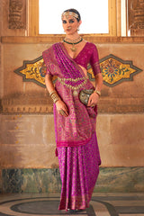 Purple colour banarasi silk printed woven saree with blouse