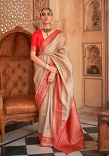 Beige & Red Color Banarasi Silk Woven Saree With Blouse