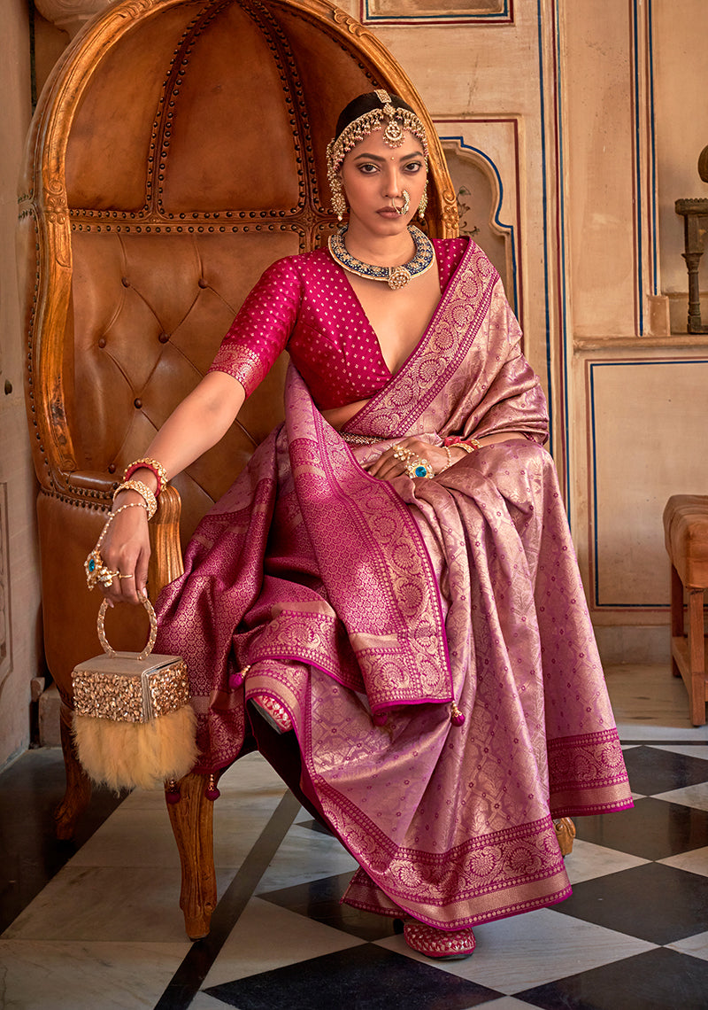 Light purple color banarasi silk woven saree with blouse