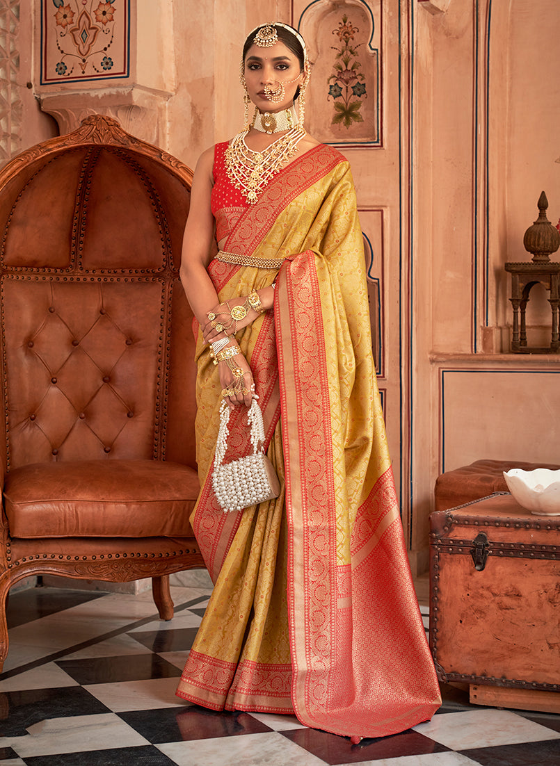 Mustard & Red Color Banarasi Silk Woven Saree With Blouse