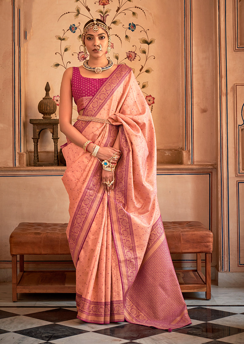 Peach & purple color banarasi silk woven saree with blouse