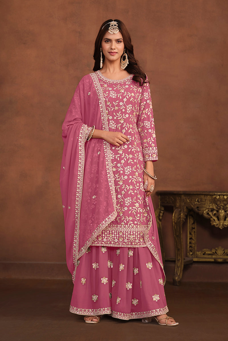 Faux Georgette Light Pink Embellished Salwar Kameez