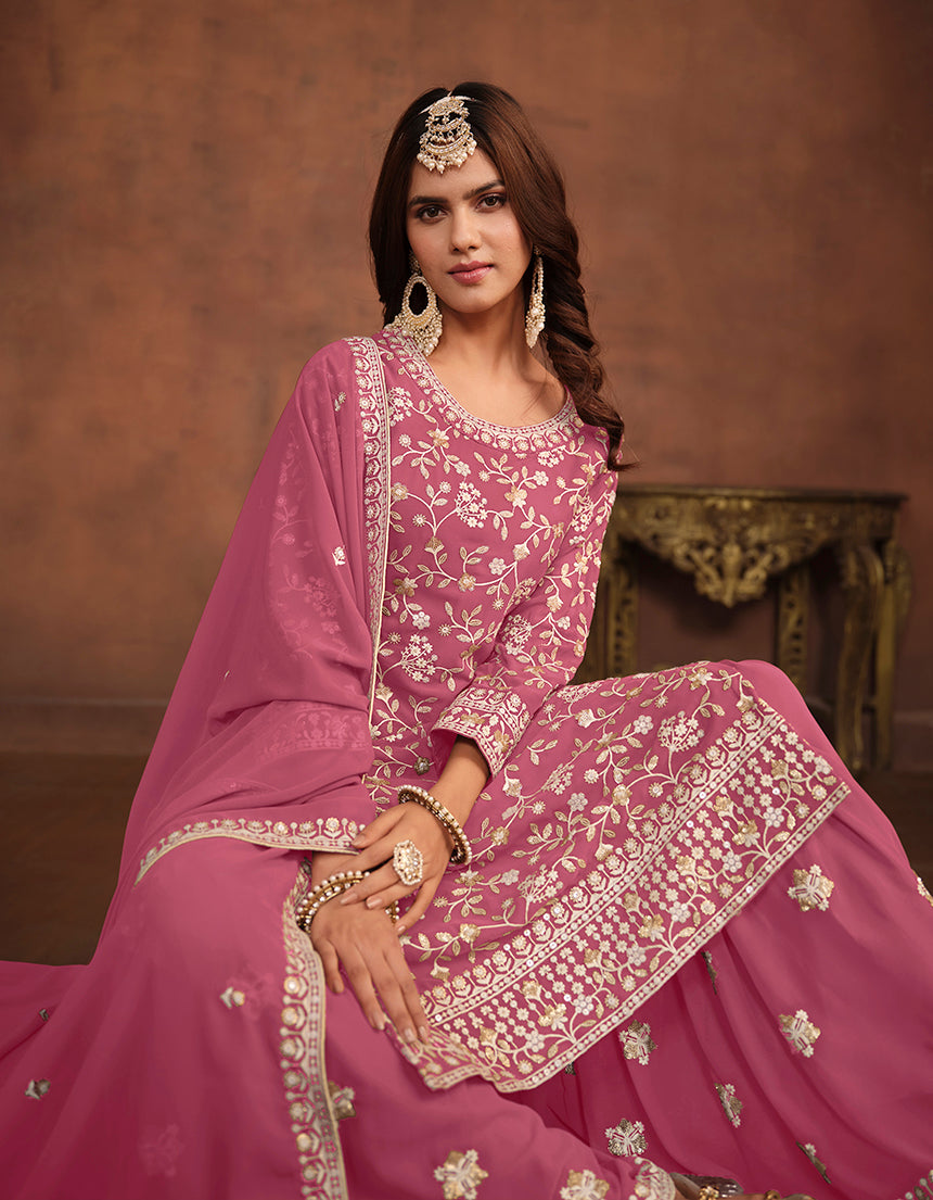 Faux Georgette Light Pink Embellished Salwar Kameez